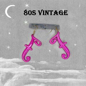 Funky Fun Fancy Hot Pink Earrings with Initial F - 80s Vintage